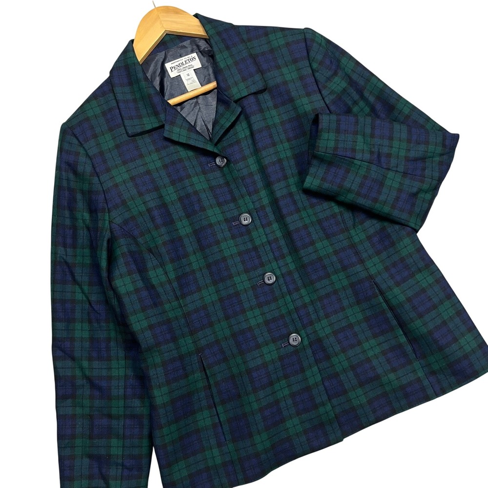 Vintage Pendleton Womens Black Watch Plaid Tartan Virgin Wool Blazer Jacket 12